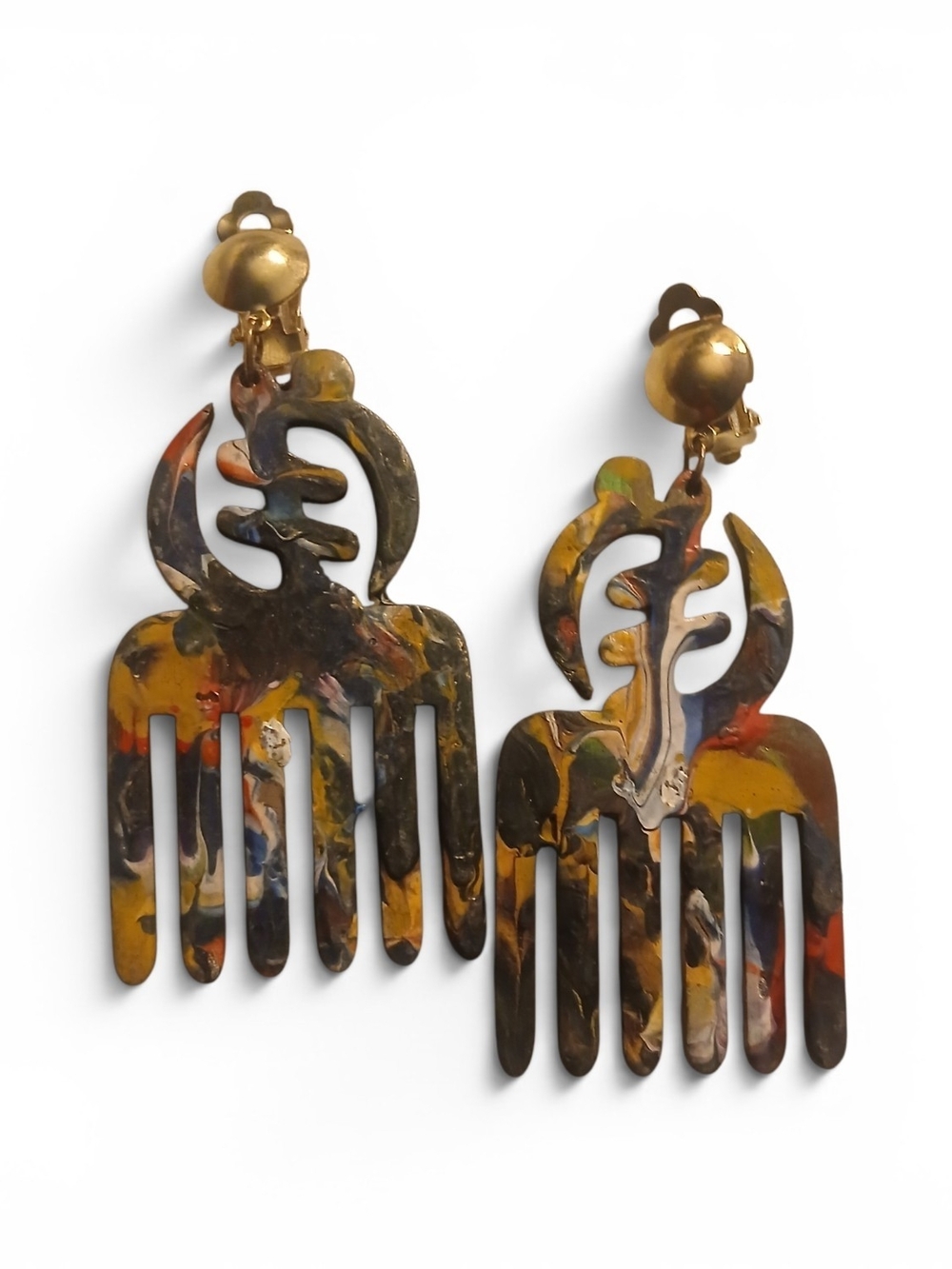 Handpainted Wood Statement Comb Drop Earrings - Gold Tone